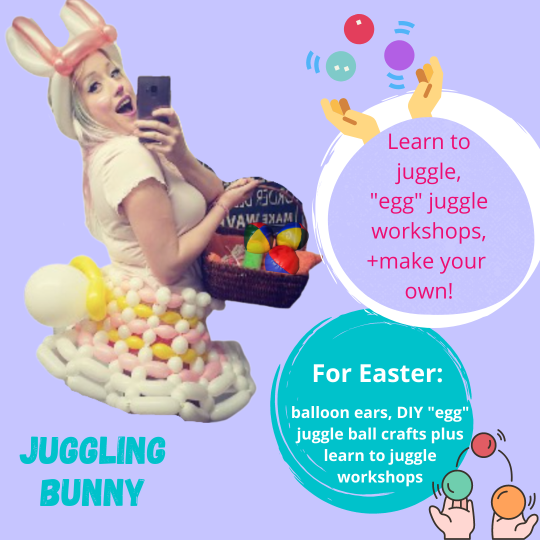 bella in a bunny balloon dress with balloon bunny ears advertising a juggling bunny for easter events for Hoop You