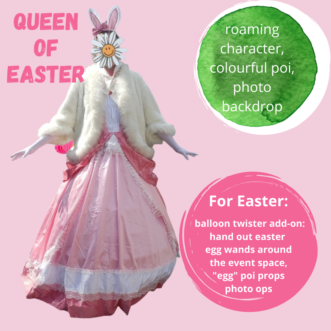 queen of easter ball gown and bunny ears costume advertising a roaming character from Hoop You