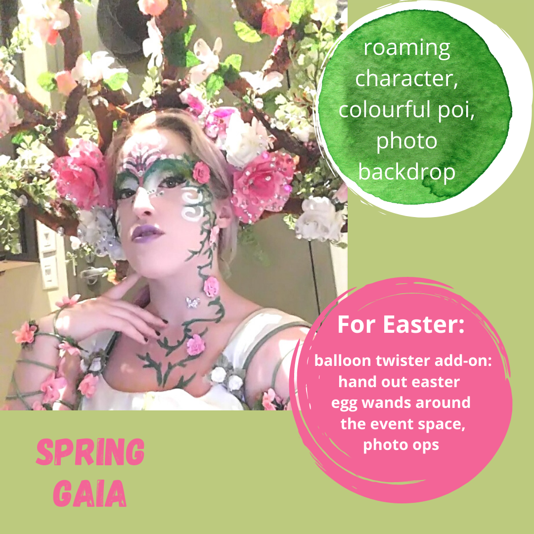 Gaia themed costume filled with flowers advertising a roaming character for Hoop You