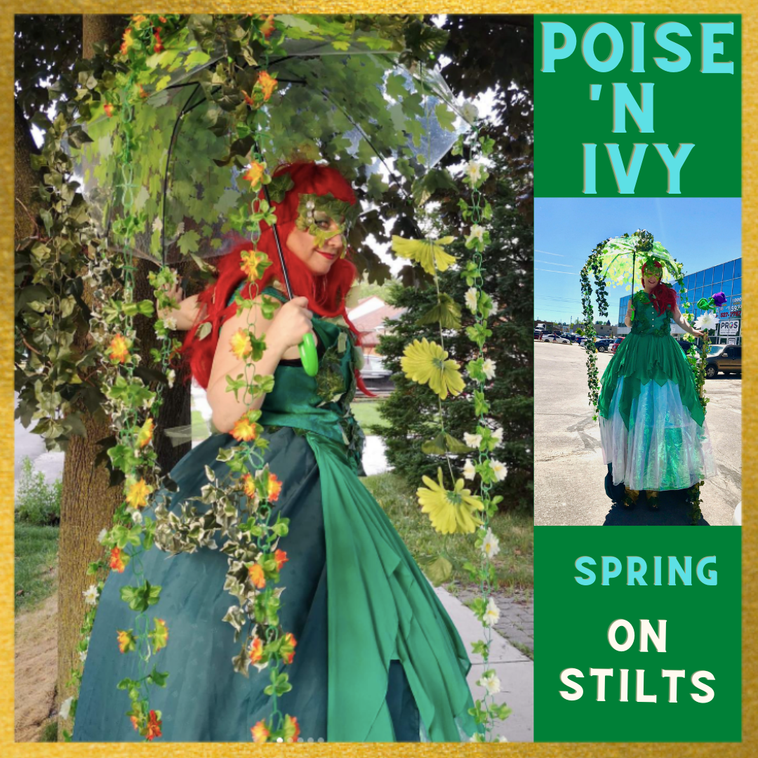 Poise 'n Ivy character on stilts from Hoop You