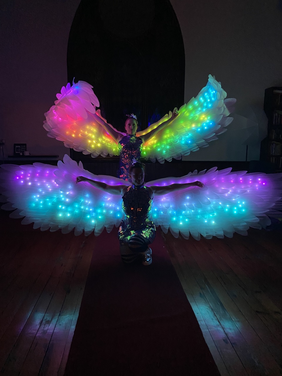 LED angel wings light up colours of pink and purple