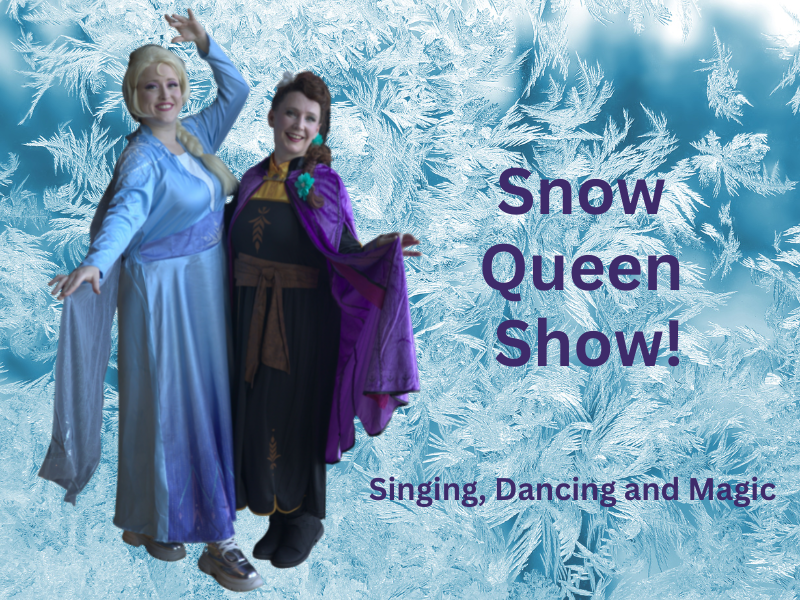 a snow queen sister duo poses for a photo with a background of frozen ice