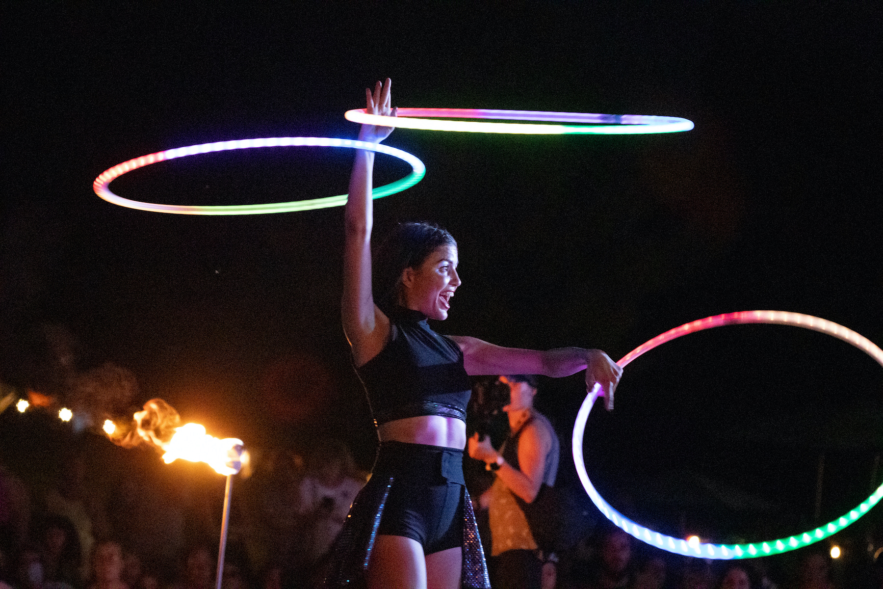 Zola Pop with 3 LED glow hula hoops smiling