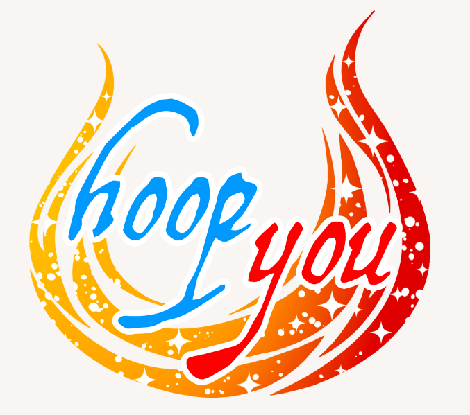 Logo for hoop you, a fire and LED circus dance company featuring blue and red words and fire icon