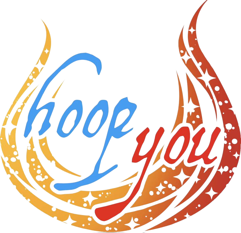 Logo for hoop you, a fire and LED circus dance company featuring blue and red words and fire icon