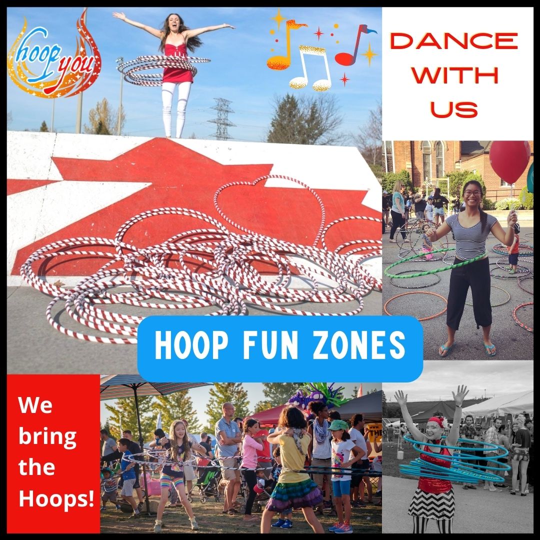 Hoop fun zones, picture of hula hoops for everyone, a hoop dance party